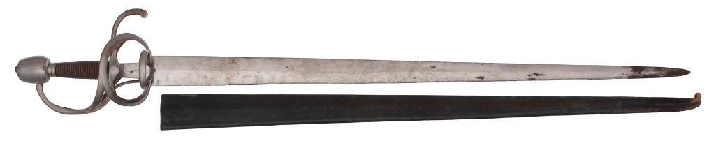 Contemporary Munich Town Guard Sword: 31.5" blade with diamond cross-section, 1.75" wide at ricasso. Wire-wrapped guard. Swept-hilt style guard with two pas d'ane. Includes leather scabbard. Maker unknown. **Blade shows some s
