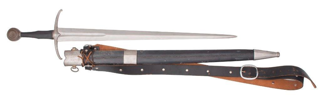 Contemporary 15th Century Sword by Del Tin: 29" blade with diamond cross-section, 2.5" wide at forte. 7.25" median fuller. Leather-covered wood grip. Leather-covered wood scabbard. Forte shows Del-Tin maker's marks. **Some mino