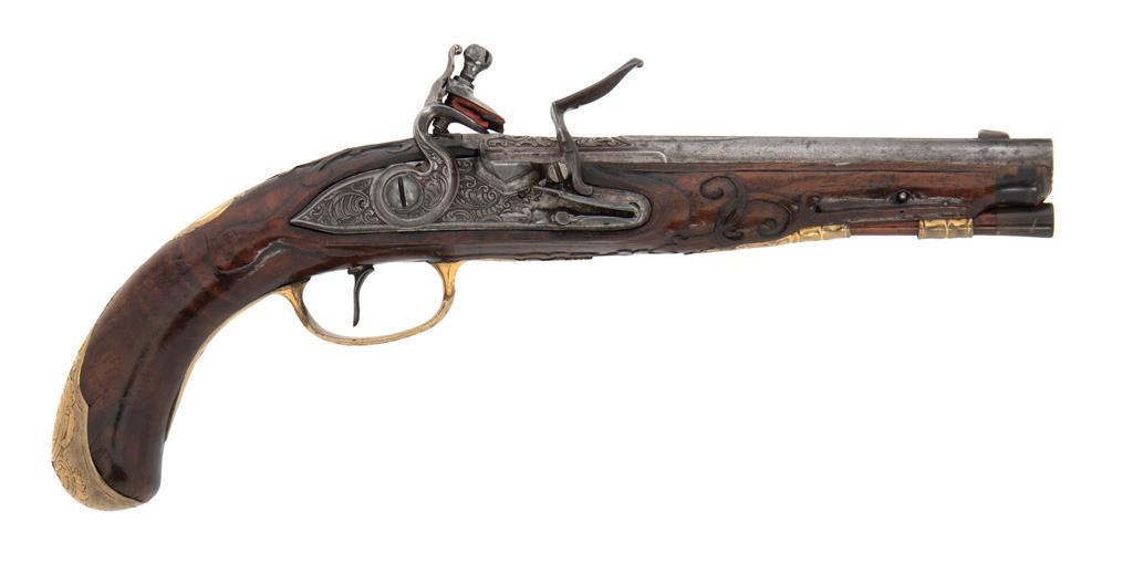 German Flintlock Pistol by Johann Jacob Kuchenreuter (1709-1783): .45 caliber, 6.25", NSN. Steel barrel with well-executed floral engravings and "IOH. IAC. KUCHENREUTER" in panel. Gilt brass ramrod pipes, sideplate, triggerguard, and thumbpiece engraved 