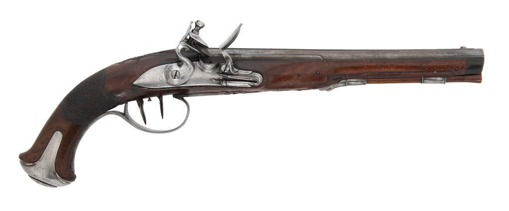 German Flintlock Dueling Pistol by Joseph Kuchenreuter (1712-1769): .54 caliber, 10.25" rifled barrel, NSN. Blued barrel with checkered walnut stock. Inlaid silver blade front sight with folding leaf rear sight. Unadorned steel lockplate with swan-neck cock and fe