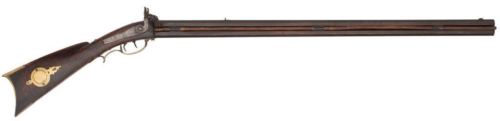 American Superposed Double Rifle by Henry Gable: .45 caliber, 32.25" octagonal rifled and smoothbore barrels. Browned barrels with maple stock. Dovetailed blade front sight with rear sight block. Iron ramrod pipes with brass triggerguard, buttpl