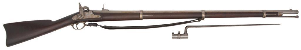 Springfield U.S. Model 1863 Type II Rifle-Musket: .58 caliber, 40" barrel. Dated 1864 on the breech and on the lockplate. "V/P/eagle" barrel proof. Three leaf rear barrel sight. Walnut stock with three barrel bands and band springs. Two n