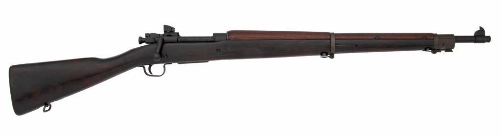 **Smith-Corona U.S. Model 1903A3 Rifle: .30-06 caliber, 24" barrel, S/N 3621533. Black parkerized finish with two-bolt walnut stock. Blade front sight with aperture rear sight. Barrel marked "SC/[flaming bomb]/10-43", receiver w