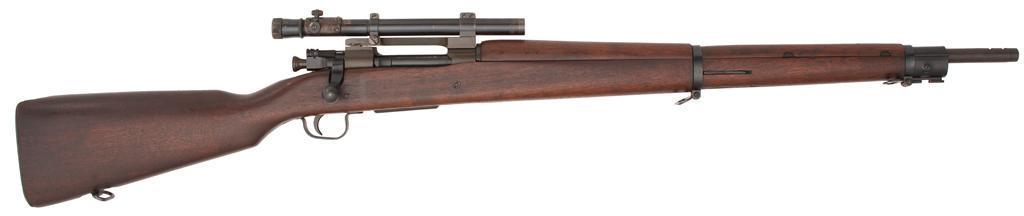 **U.S. Model Remington 1903A4 Sniper Rifle: .30-06 caliber, 24" barrel, S/N 4994152. Receiver marked on the left side to accommodate the Weaver M73B1 Scope. Barrel marked near the front sight slot "RA/[flaming bomb]/12-43". Beautifu