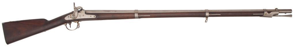 U.S. Model 1842 Harper's Ferry Musket: .69 caliber, 42" barrel, NSN. Armory bright finish with walnut stock secured bay three barrel bands. Brass front sight brazed to front strap of first barrel band. Barrel shows correct "V/P/[ea