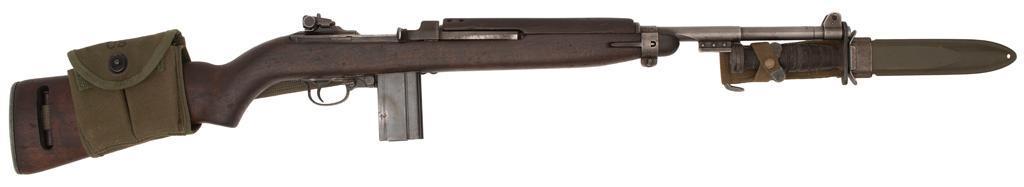Scarce National Postal Meter US M1 Carbine with Bayonet: .30 caliber, 18" barrel, S/N 1519183, Receiver marked Postal Meter, rear barrel sight marked "LR CO". Barrel marked "Inland Div/7-43". Parkerized finish, walnut stock with an M-1 C