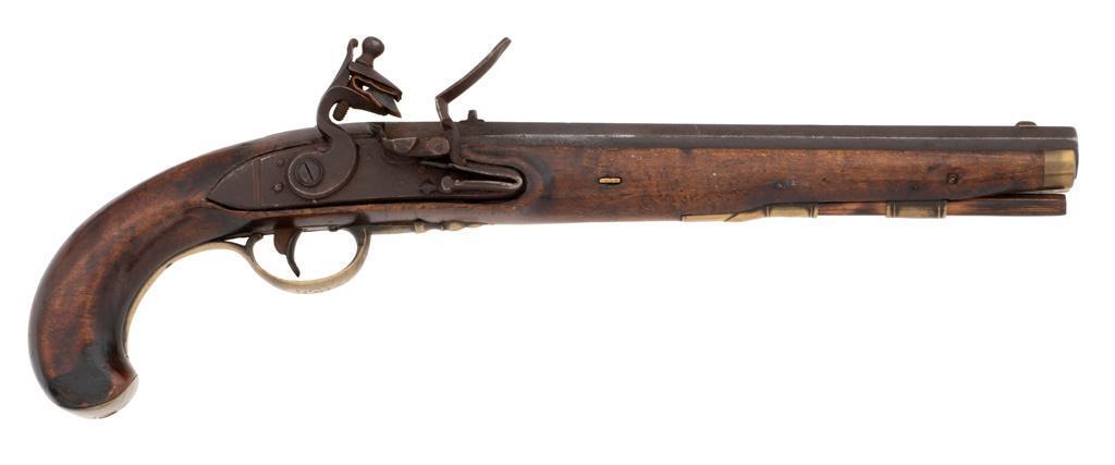 American Kentucky Flintlock Pistol: .40 caliber, 10.5" octagonal smoothbore barrel, NSN. Blued finish, walnut stock with flat-sided grip, secured with brass key. Blade front sight with rear sight block. Brass nosecap, ramrod pipe, entry