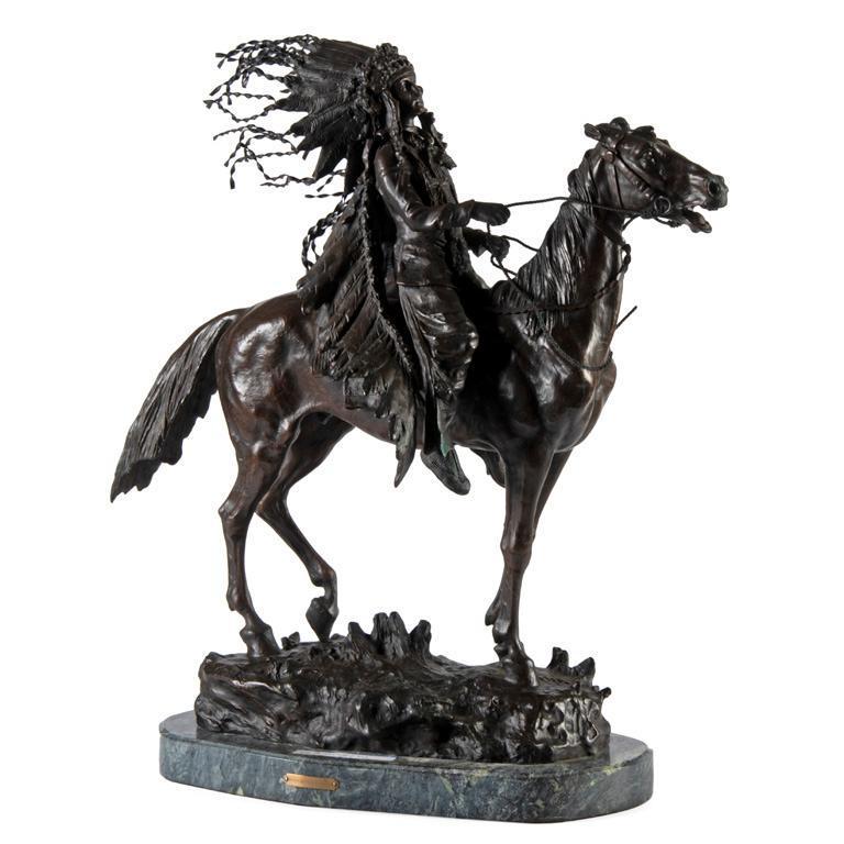 Bronze Sculpture of Native American Chief by Carl Kauba: Mounted Native American Chief Bronze sculpture signed "C. Kauba" with shaped marble base. ht. 23, wd. 23, dp. 10.5 inches (bronze) **Overall good condition. Minor oxidation throughout sculpture. Break
