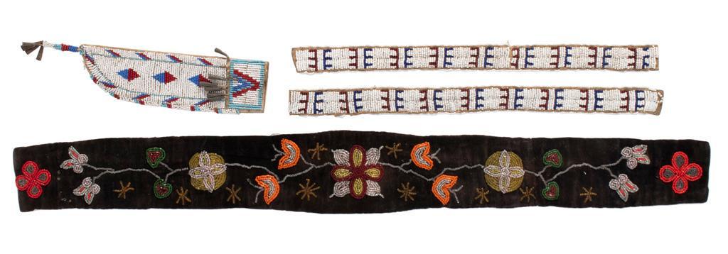 Lot of Beaded Artwork: Lot consists of three beaded strips, one measuring 14.5" x 1" with red and blue beads on a white background, and one 27.25" x 3" with clear, yellow, orange, silver, and red beads on a felt background.