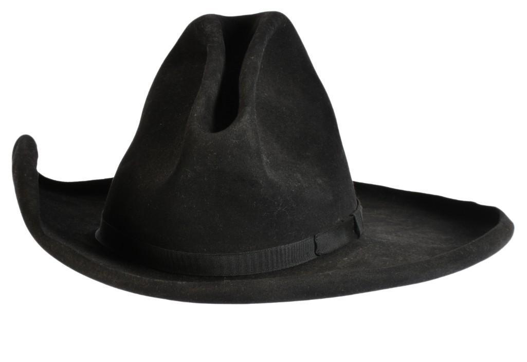 Vintage Stetson Western Hat Attributed to Bill Pickett: Internal diameter 7" x 8", brim 3.75", crown height 6". Felt construction with pencil-rolled brim and grosgrain ribbon. Dark leather sweatband with Stetson manufacture stamp and "J. Nussbaum & Co. / M