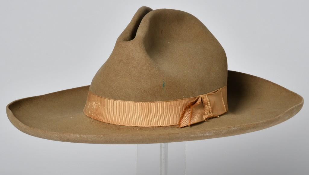 Vintage Felt Stetson Hat Attributed to Bill Pickett: Interior diameter 6.5", brim 4", crown height 5.75". Tan felt constriction with 1 1/8" grosgrain ribbon. Leather sweatband with Stetson maker;s mark and retailer's stamp of Hamley & Company of Pendlet