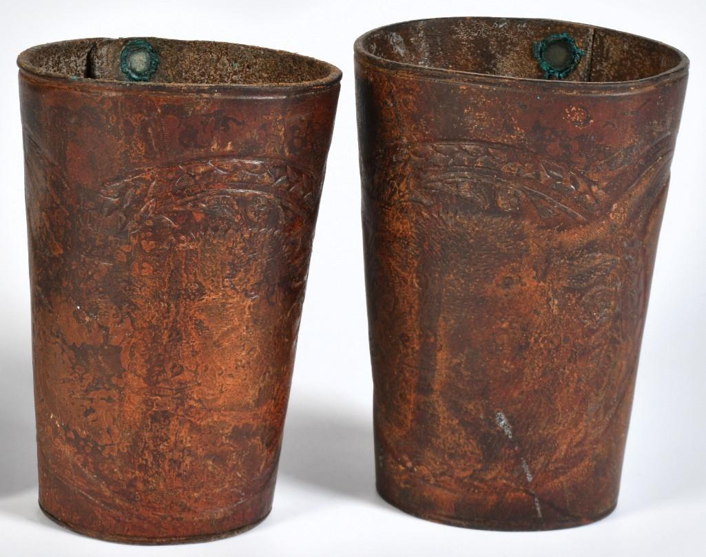 Leather Roping Cuffs Attributed to Bill Picket: Leather construction with copper rivets replacing old snaps. Brass "Gopher Brand" snaps on wrist. **Good condition overall. Some scattered scratches and wear with some verdigris around rivets and bloo