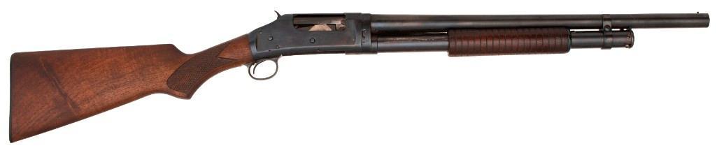 **Winchester Model 1897 Shotgun Attributed to Bill Pickett: 12 gauge, 20.75" barrel, S/N 623821 (ca. 1918). Reblued finish with grooved forend and checkered grip. Attributed to Bill Pickett while a performer at the Miller Brothers 101 Ranch. **Good condition a