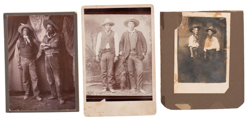 Lot of Studio Images of Cowboys: Lot consists of images of cowboys, the largest mount measuring 4.25" x 6.5". Subjects include men in western attire, including Native Americans and Mexicans. **Good condition overall. Some wear to cor