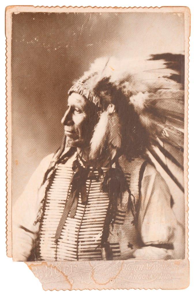 Cabinet Card Attributed to Oglala Lakota Chief American Horse the Younger (1840-1908): 4.25" x 6.125" Obverse shows studio mark of John B. Hoff, North Wayne Street Angola, Indiana. Marked on reverse in pencil "American Horse/Died in 1908" American Horse served as a US Army Scout, and du