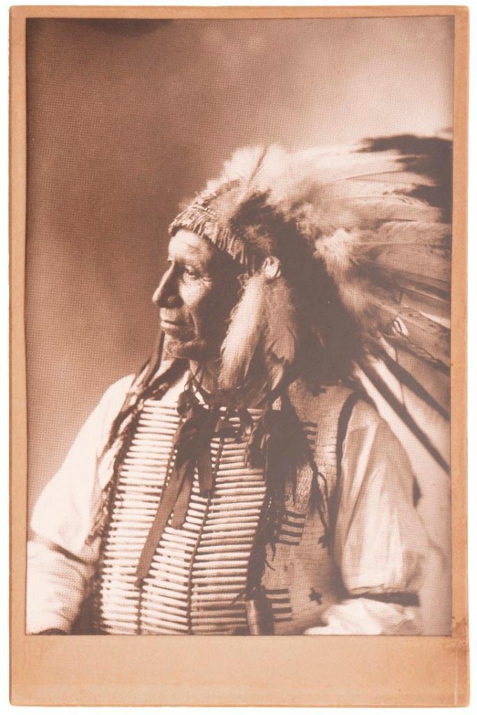 Cabinet Card Attributed to Oglala Lakota Chief American Horse the Younger (1840-1908): 4.25" x 6.5". No studio marks. American Horse served as a US Army Scout, and during that time became son-in-law to famous Lakota Chief Red Cloud. As one of the prominent leaders of the Wagluhe band, h
