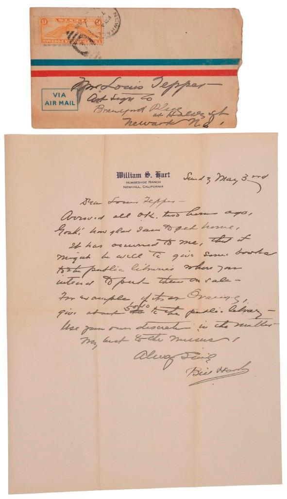 Letter from William S. Hart to Louis Tepper, ALS: Letter to Louis Tepper concerning donating books to a library. Includes cover. **Good condition overall with some minor wear to corners and edges.** $100-$300