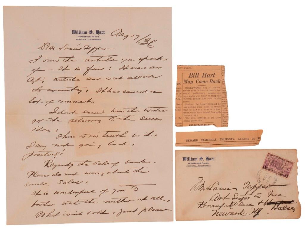 Letter from William S. Hart to Louis Tepper, ALS August 1936: Two-page letter from William S. Hart to Louis Tepper discussing an article published by the Associated Press regarding his return to film, with Hart denying his intention to make any more films. Inclu