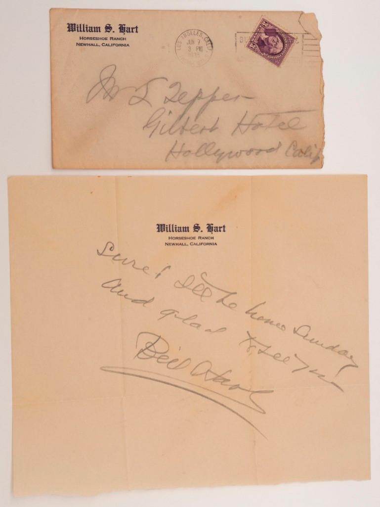 Note from William S. Hart, ANS: From William S. Hart, indicating he would be home on Sunday. Includes cover addressed to Louis Tepper. *Goo condition overall. Some wear to corners and edges.** $50-$150