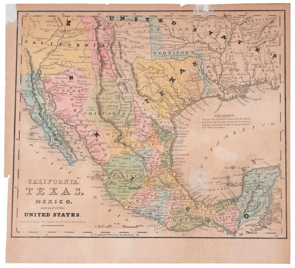 Map of California, Texas, and Mexico and Part of the United States: Mount measures 11.5" x 10". Polychrome map highlighting the various individual states of Mexico, with an explanation highlighting the disputed territory between the United States and Mexico. No visibl