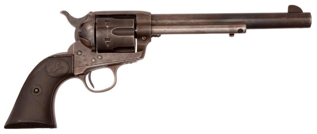 **Colt SIngle Action Army Revolver from the 101 Ranch, Belonging to Performer Vernon Seaver: .44-40 caliber, 7.5" barrel, S/N 326162 (ca. 1913). All numbers match with the exception of the grips, the right of which is marked "7716". Blued finish with two-piece Colt hard rubber grips. Top of b