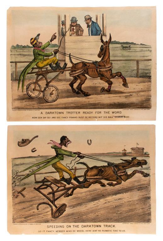 Currier & Ives Black Americana Colored Lithographs: speeding down the darktown track a darktown trotter ready for the word 2 colored lithographs on paper after Thomas Worth (1834-1917) pub. by Currier & Ives, 115 Nassau St. New York copyright 1892, Cur