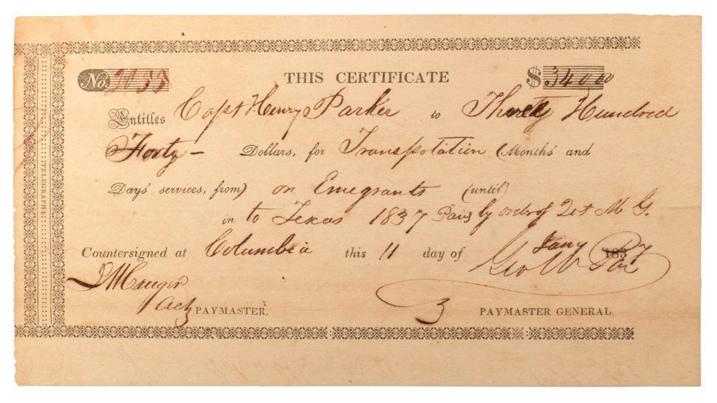 Certificate of Payment for Transportation of Immigrants to Texas, 1837 (1 of 1)