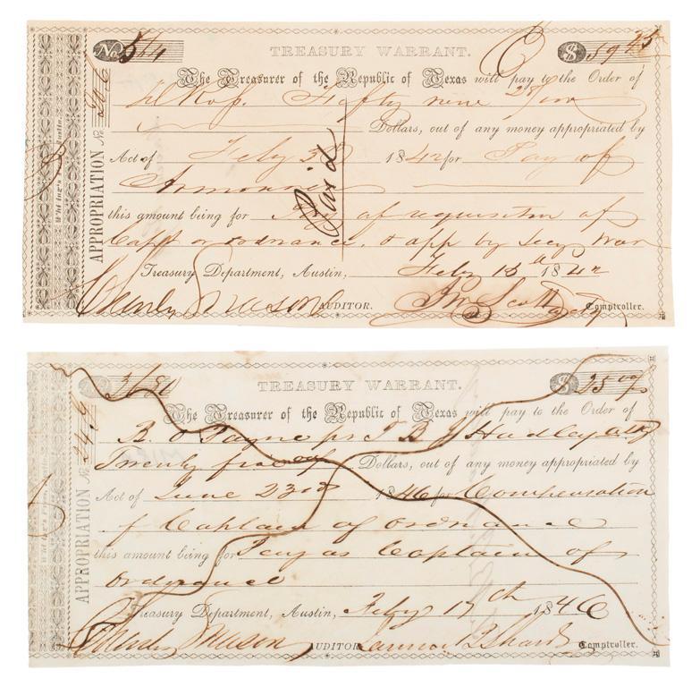 Pair of Republic of Texas Treasury Notes for Military Service (1 of 1)