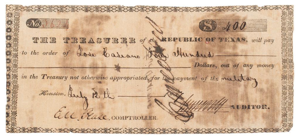 Texas Treasury Warrant, 1837 (1 of 2)