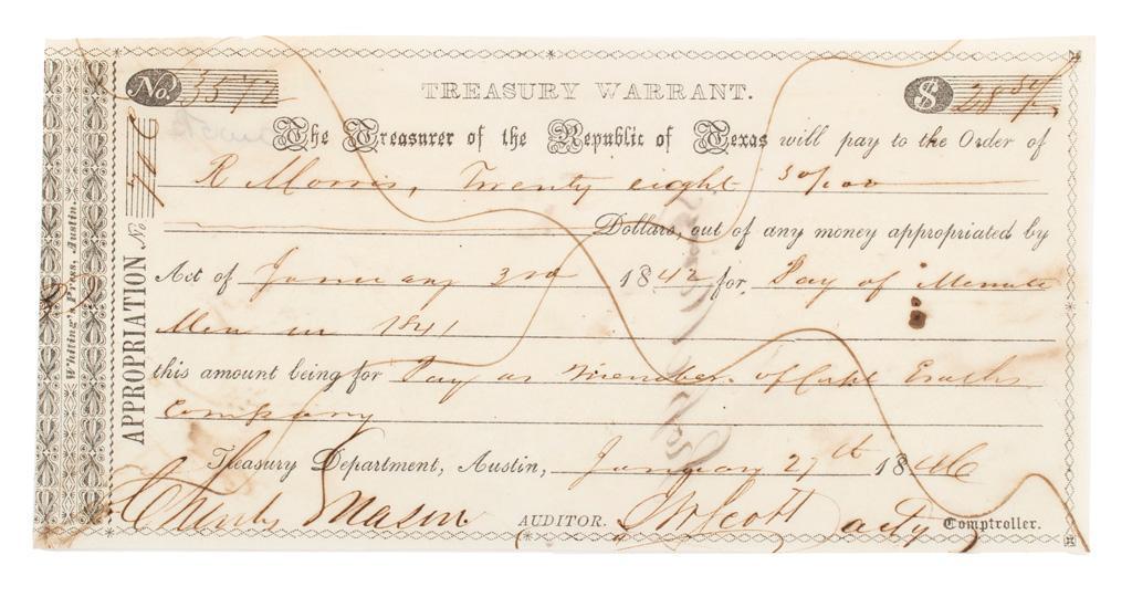 Republic of Texas Treasury Warrant, 1846 (1 of 2)