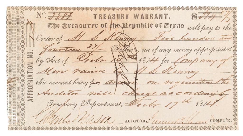 Republic of Texas Treasury Warrant for Raising Troops, 1844 (1 of 2)