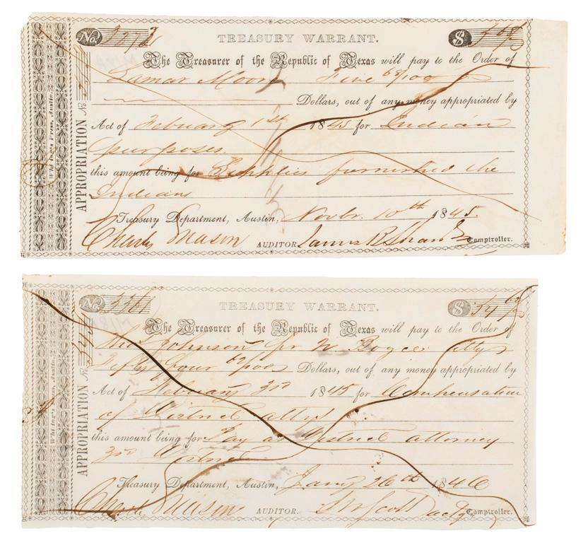 Pair of Republic of Texas Treasury Notes: Lot includes two Republic of Texas Treasury warrants Nos. 2274 and 3361, for $5.68 and $54.00 respectively, to a lawyer and to pay for "supplies furnished the Indians". Dated 1845 and 1846. **Good con