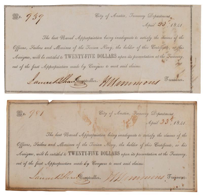 Pair of Republic of Texas Navy Issue Treasury Bonds (1 of 2)