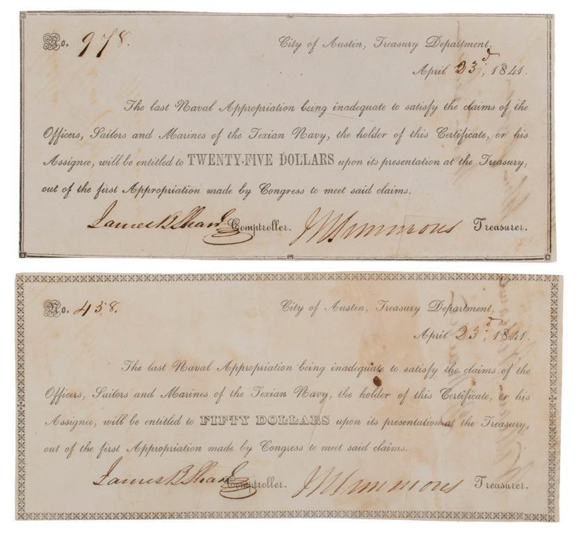 Pair of Republic of Texas Navy Issue Treasury Bonds (1 of 2)