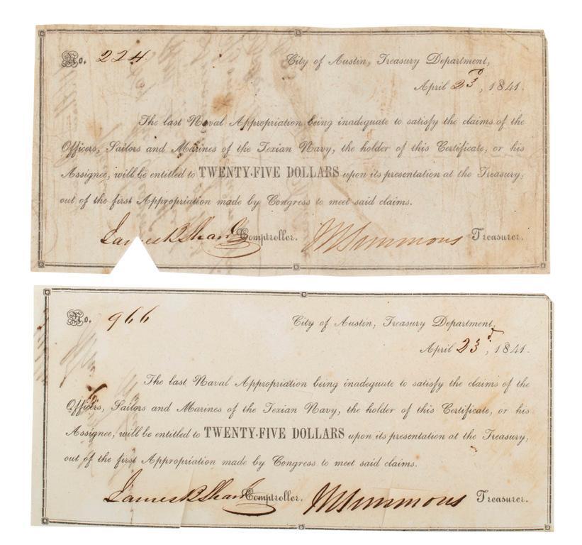 Pair of Republic of Texas Navy Issue Treasury Bonds (1 of 2)