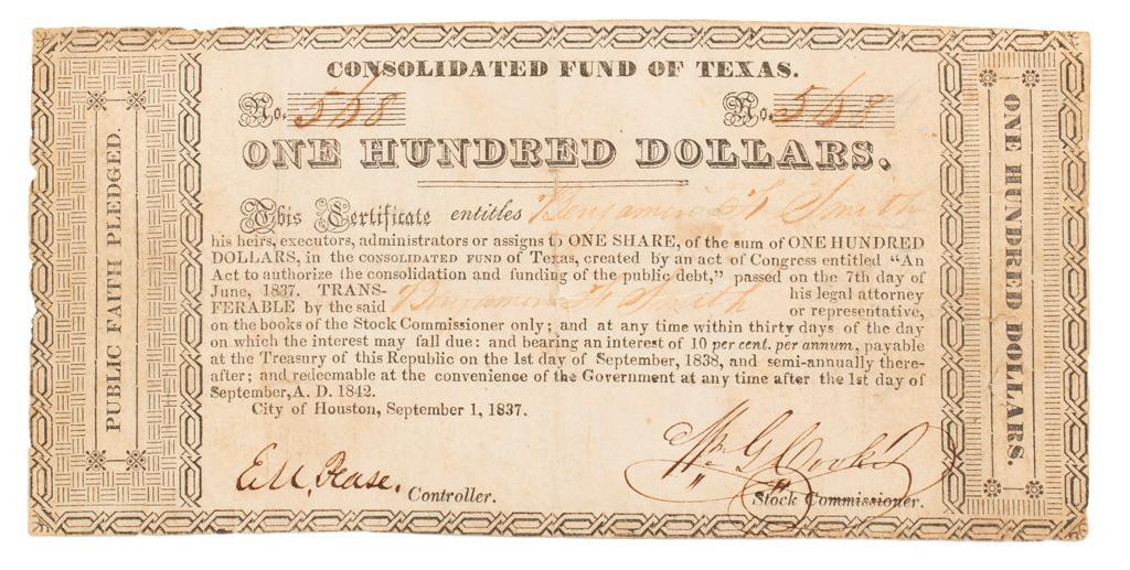 Republic of Texas Treasury Warrant to Texas Revolution Hero Benjamin Fort Smith (1 of 2)