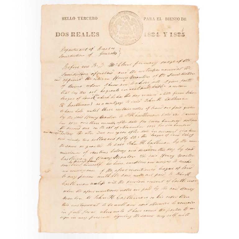 DeWitt Colony, Texas Mortgage Document, Dated 1835 (1 of 2)