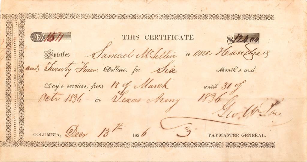 Texas Army Pay Certificate for San Jacinto Veteran (1 of 1)