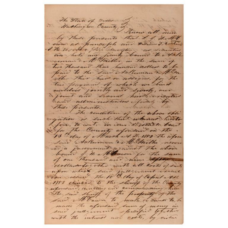 Republic of Texas Court Document Authorizing Seizure of Slaves to Pay Debt (1 of 3)