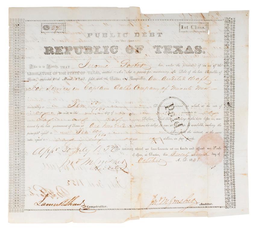 "Late Republic of Texas" Public Debt Certificate, Dated 1848: Public Debt Certificate for $10.50 made out to Jerome Porter for service in Captain Erath's Company of Minute Men. Numbered 27. Captain George B. Erath is listed as raising a company of "Minute Men" i