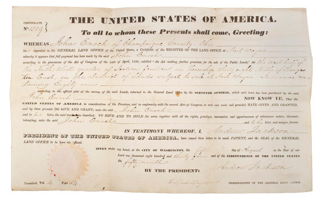 Andrew Jackson Signed Land Grant Dated 1834 (1 of 1)