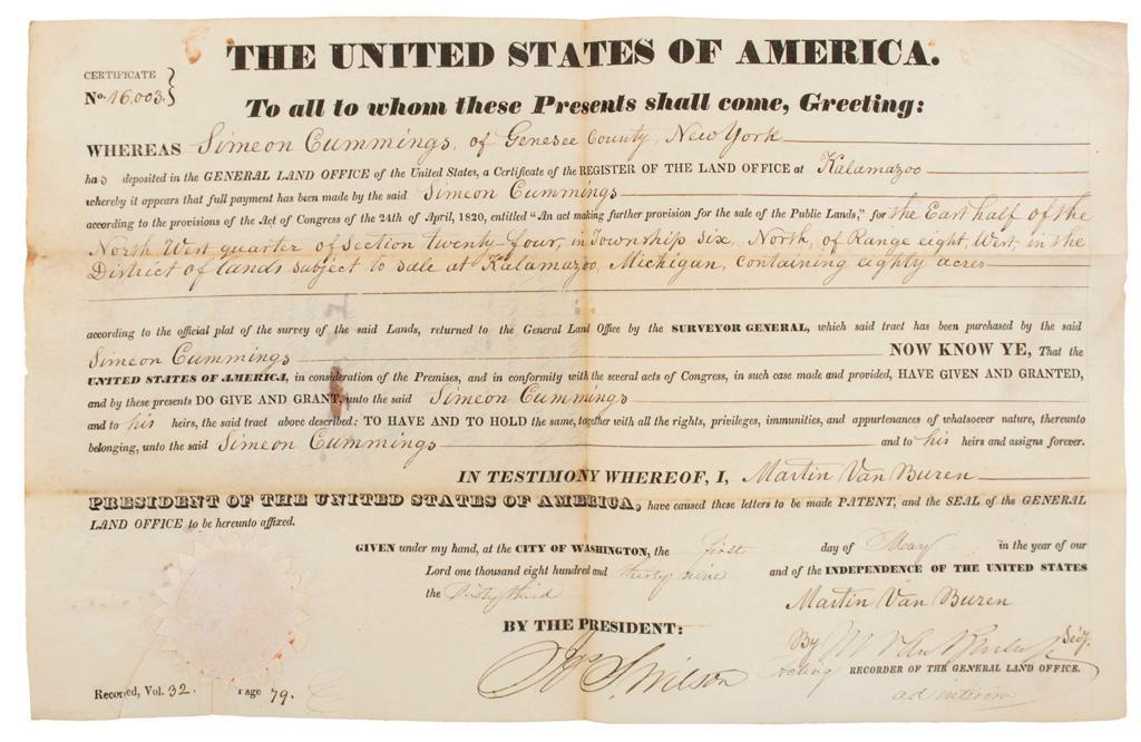Pair of Martin Van Buren Secretary Signed Land Certficates (1 of 3)