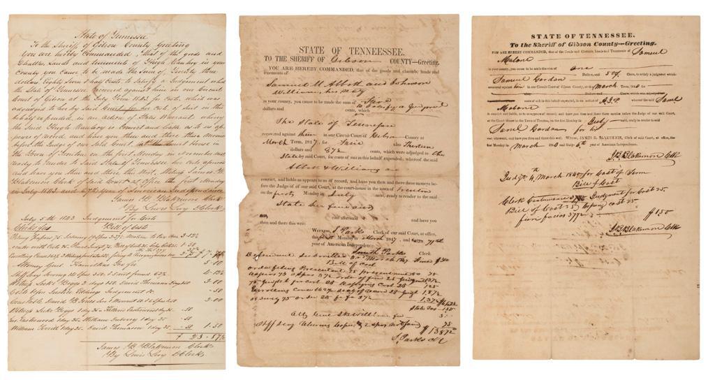 Lot of Tennessee Court Seizure Documents: Lot includes six court orders from Gibson County, Tennessee ca. 1840-1860, ordering the seizure of property from individuals pursuant to court judgments. **Good condition overall. Some staining and fo