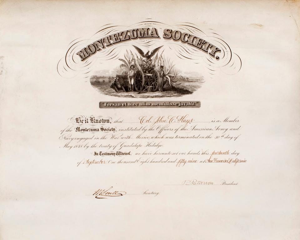Montezuma Society Membership Certificate of John C. Hays (1 of 2)