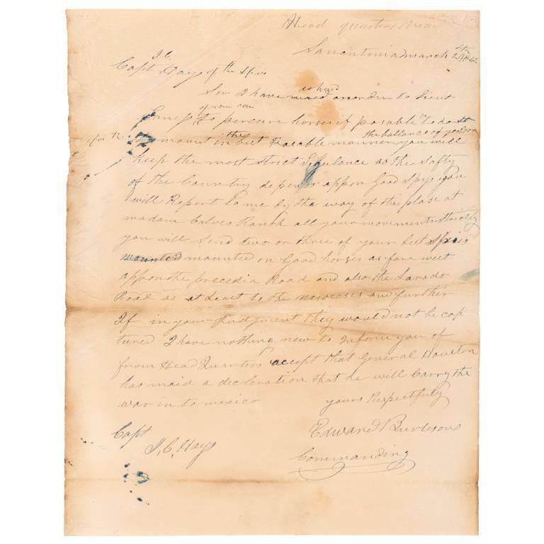 General Edward Burleson to Captain John Coffee Hays, March 24, 1842 ALS (1 of 2)