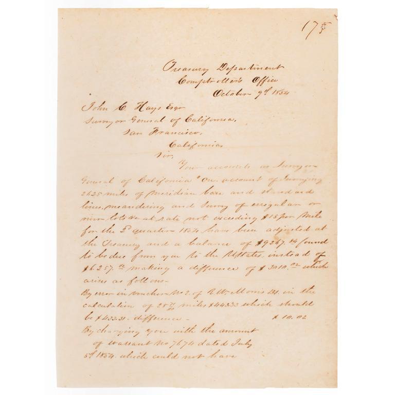 Letter to Surveyor General John Coffee Hays from San Francisco Treasury Comptroller, 1854 (1 of 2)