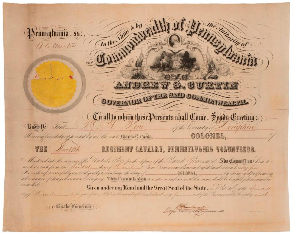 Pennsylvania Colonel's Commission of Marcus Reno (1 of 3)