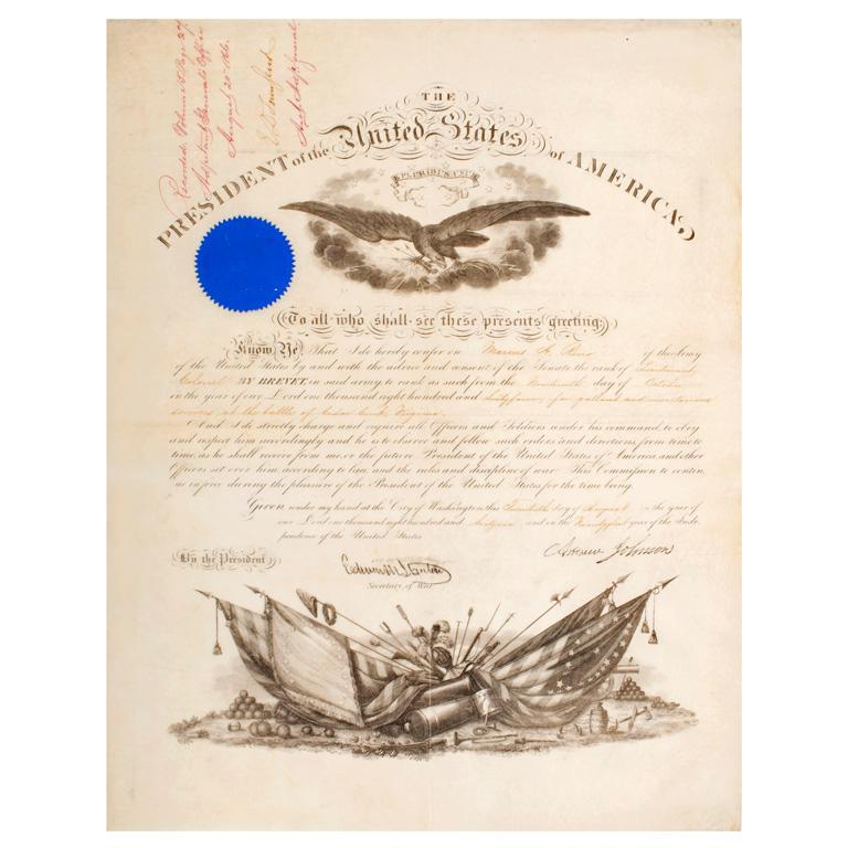 Brevet Lieutenant Colonel Appointment of Marcus Reno: Large 15.5" x 19.25" parchment paper dated August 1866. Appointment of Marcus Reno to Lieutenant Colonel of the US Regulars for "gallant meritorious services at the Battle of Cedar Creek, Virginia". R