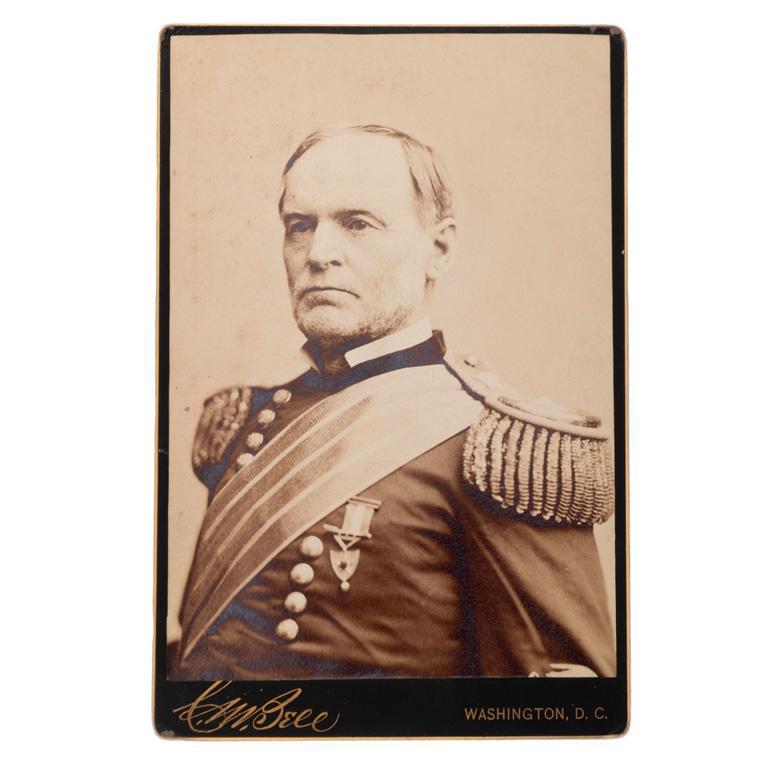 Cabinet Card of General of the Army William T. Sherman: 4.25" x 6.5". Depicts General William T. Sherman as General of the Army. From the Studio of Charles Milton Bell in Washington, D.C. **Good condition overall. Some minor wear to edges and corners. Vers