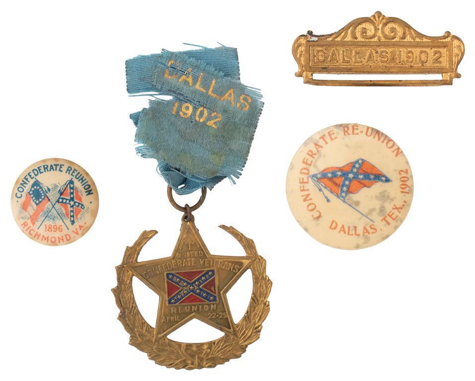 Lot of Confederate Reunion Memorabilia: Lot includes a selection of Confederate reunion memorabilia, including one UCV ribbon from the 1902 reunion in Dallas, Texas; one 1.25" button from the 1902 Dallas reunion, and one button from the 189